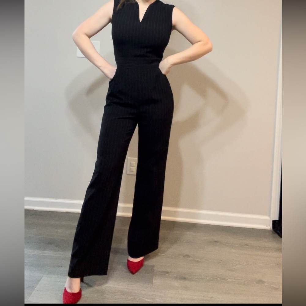 Black and White Pinstriped Sleeveless Jumpsuit